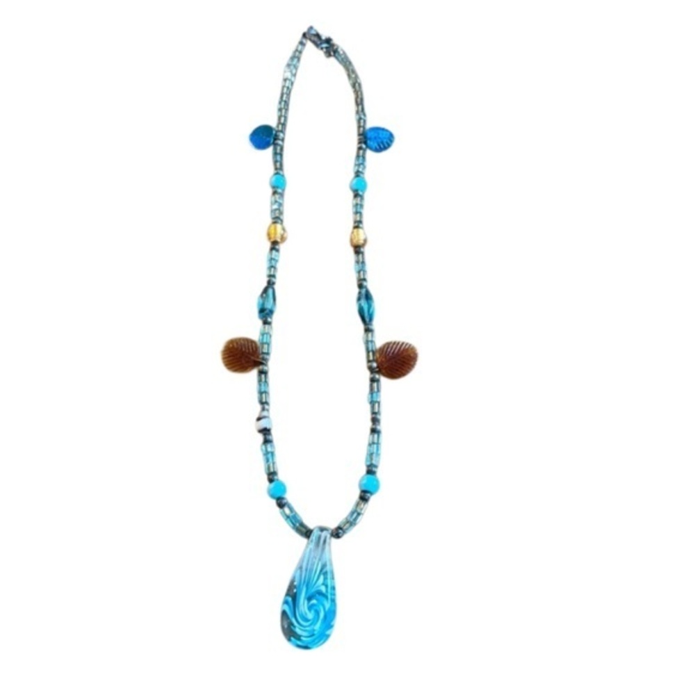 Handmade Blue Beaded Necklace with Glass Pendant
